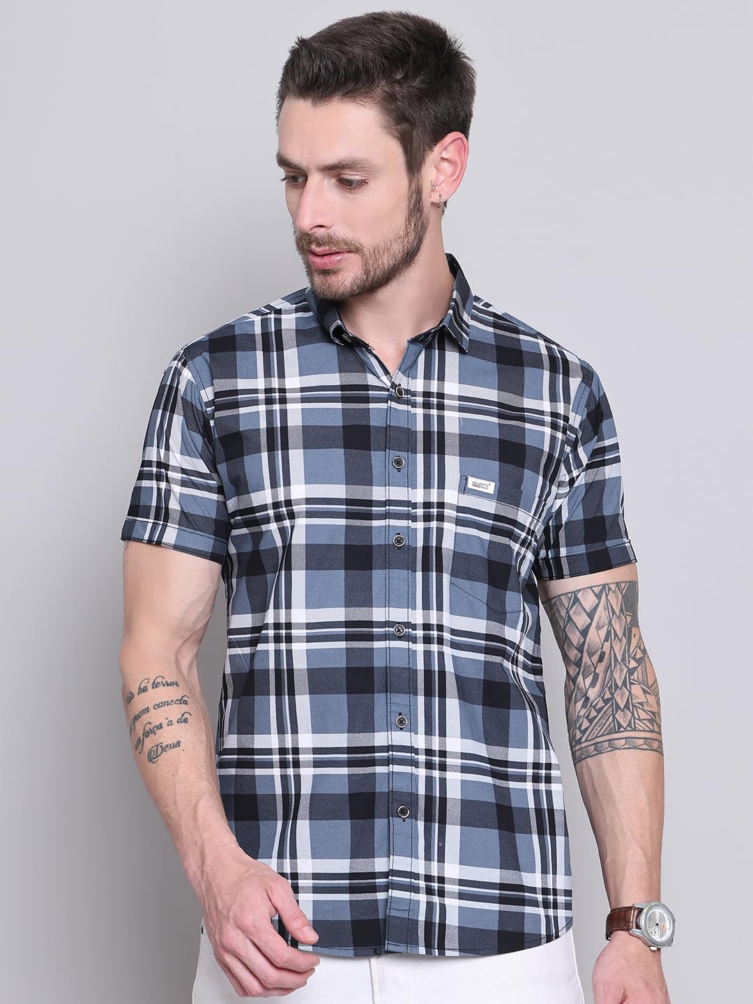 Majestic Man Checked Cotton Shirt for Men - Slate Grey - Image 2