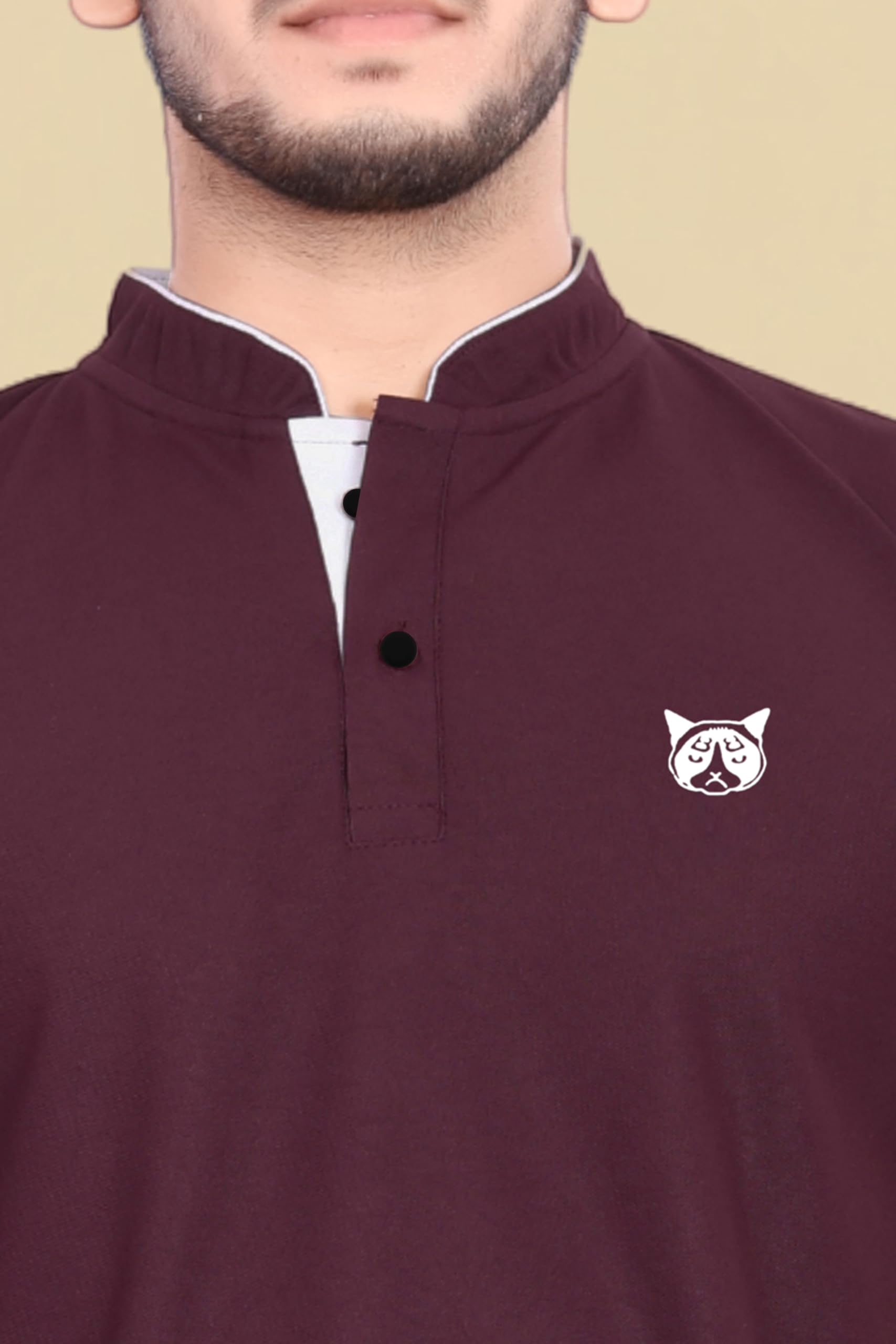 BAGHADBILLO Men's Mandarin Collar Polo T-Shirt - Wine - Image 3