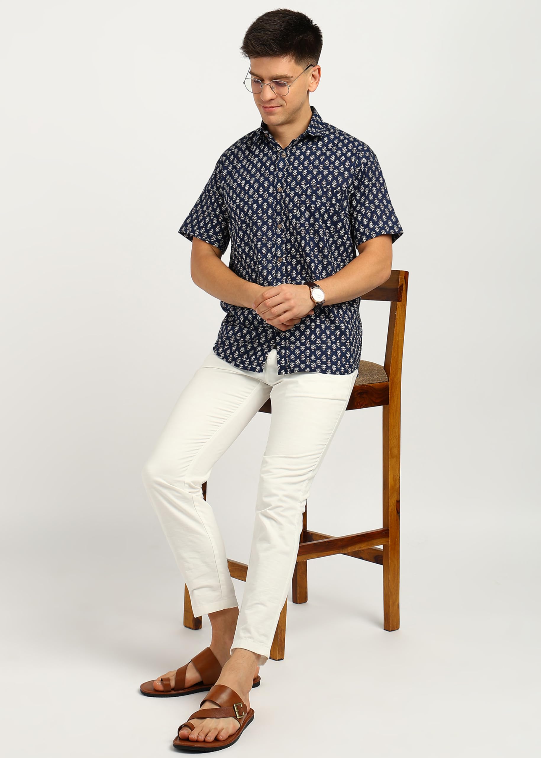 BLOCKS OF INDIA Men's Hand Block Printed Cotton Shirt - Blue Red Buti - Image 3