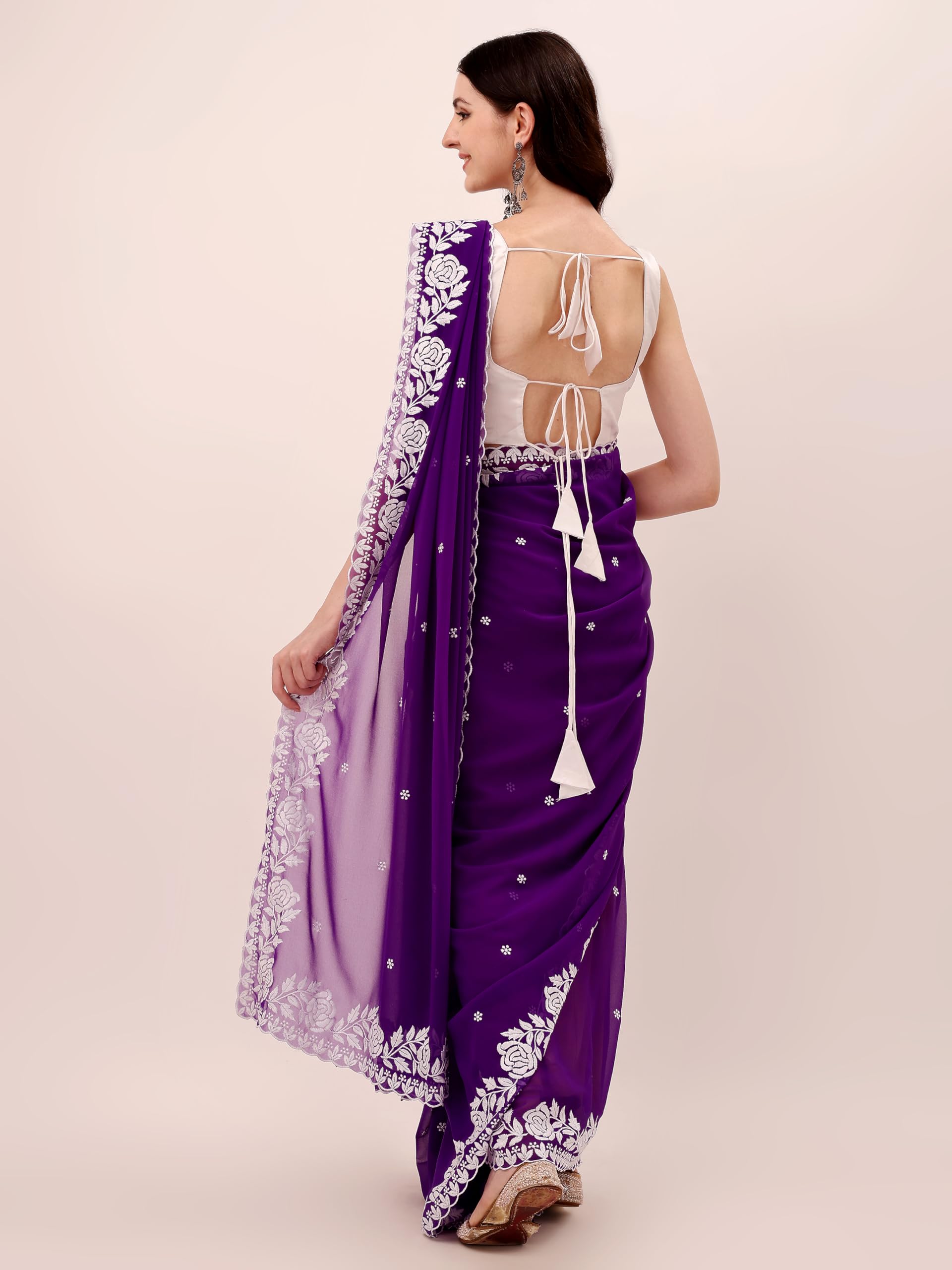 HESVI Women's Georgette Embroidery Saree - Purple - Image 3