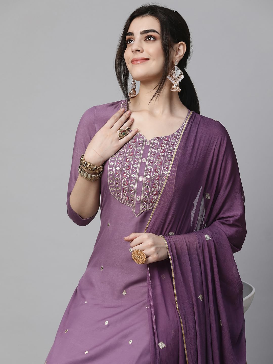 GoSriKi Kasturi Purple Embroidered Cotton Kurta Set for Women - Image 5