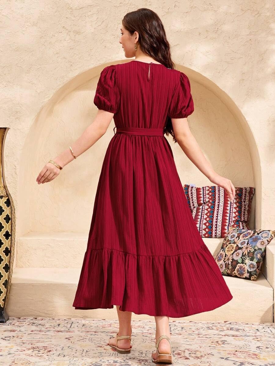 MENSBIT Girl's Puff Sleeve Gown - Maroon - Image 5