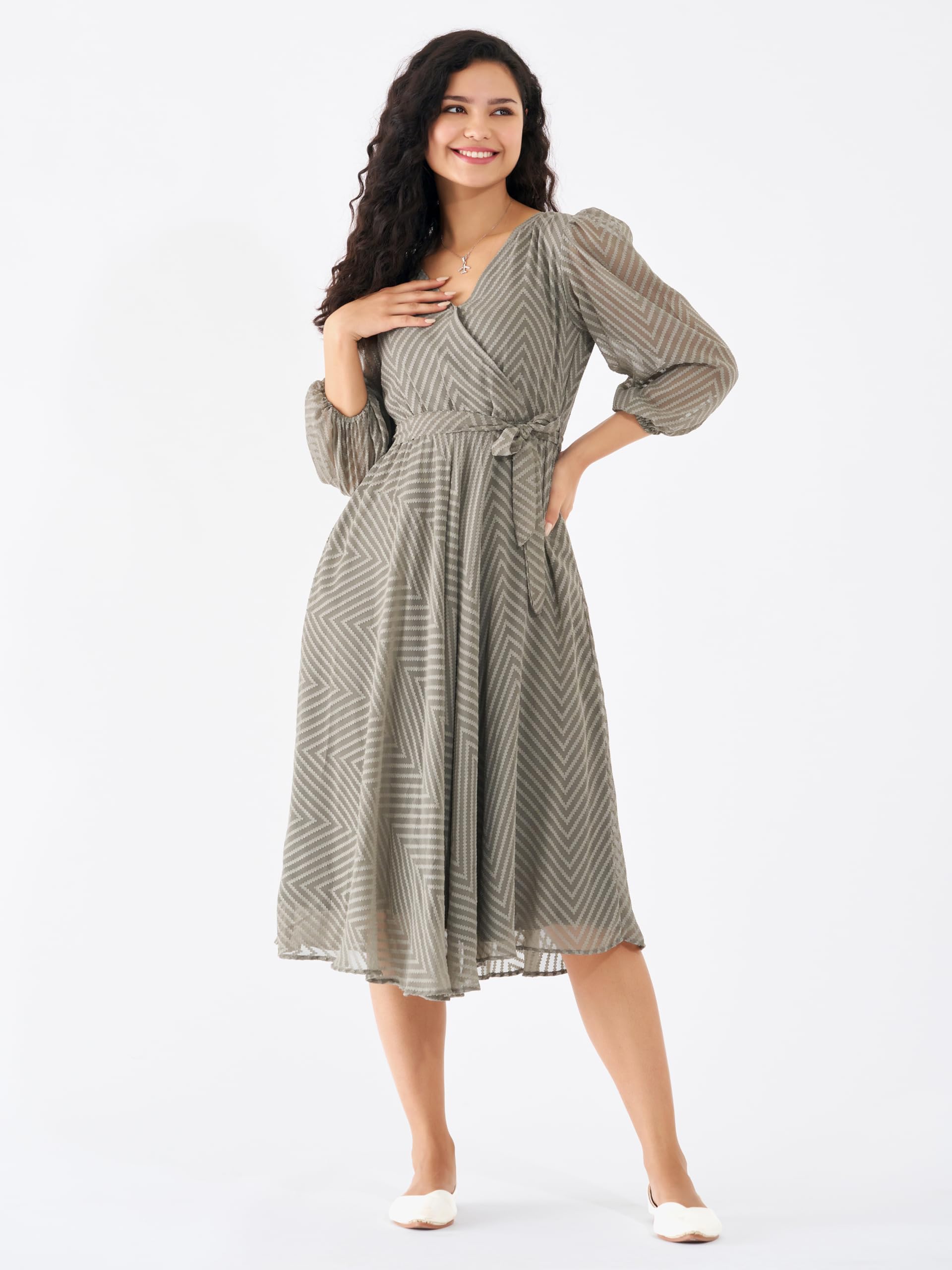 AASK Grey Fit & Flare Dress for Women - Image 3