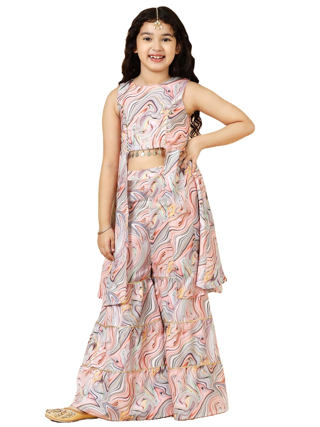 A.T.U.N. Girls Peach Printed Sharara Set with Lace