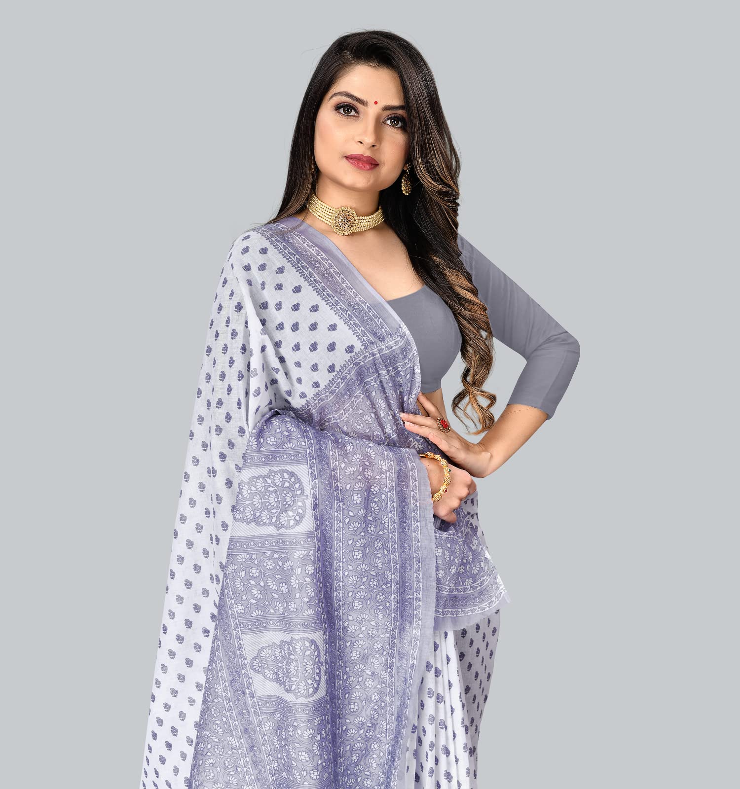 RATAN Women Cotton Saree - Grey White - Image 4