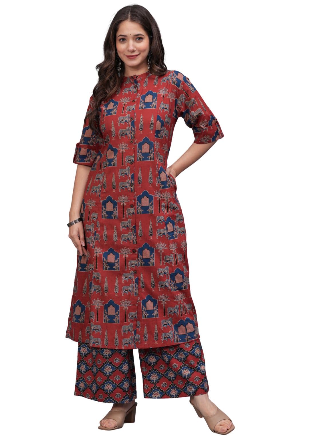 rytras Women's Pure Cotton Printed A-Line Kurta Set - Maroon