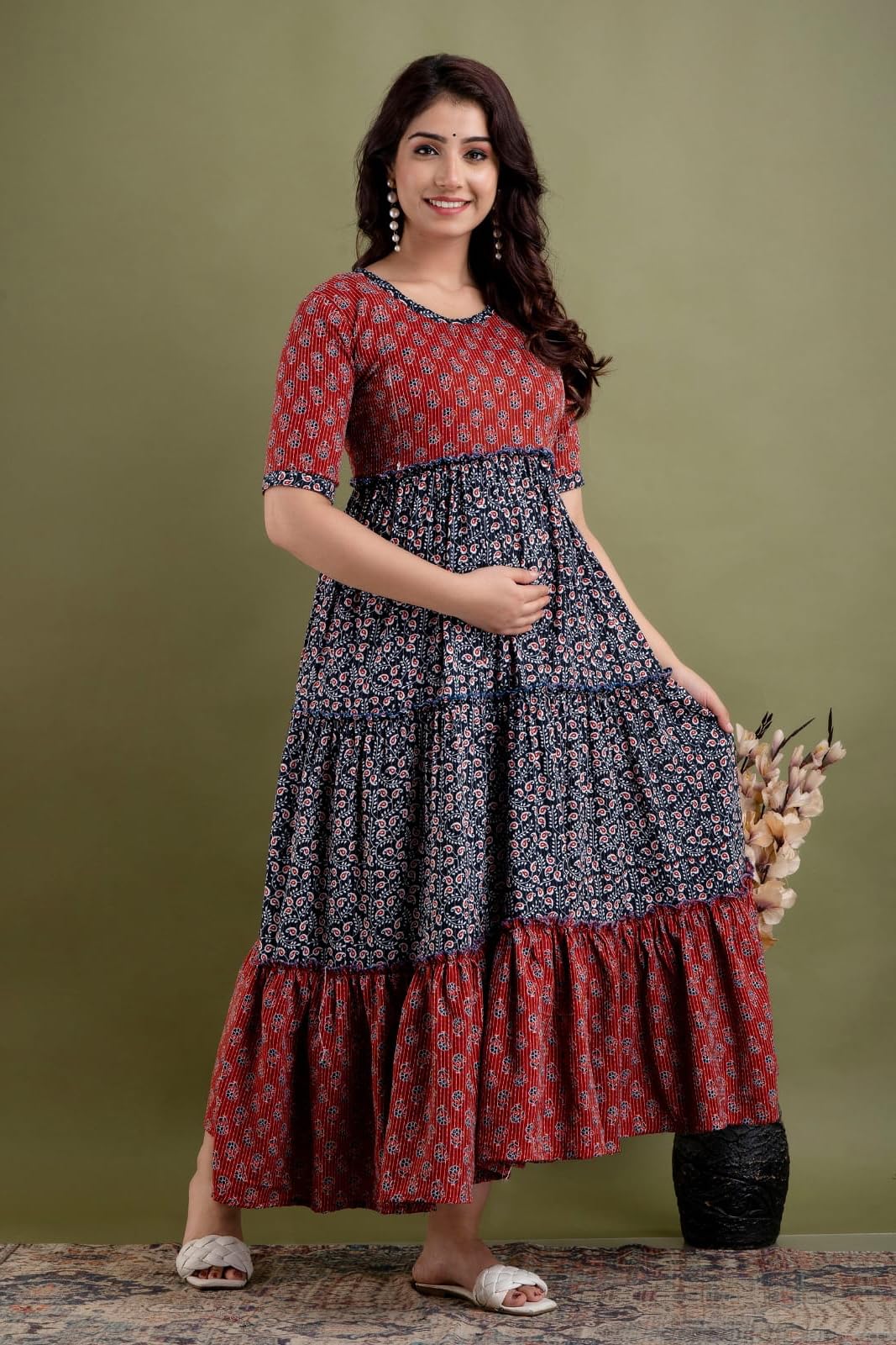 SKY FAB Women Maternity Feeding Maxi Dress - Maroon - Image 2