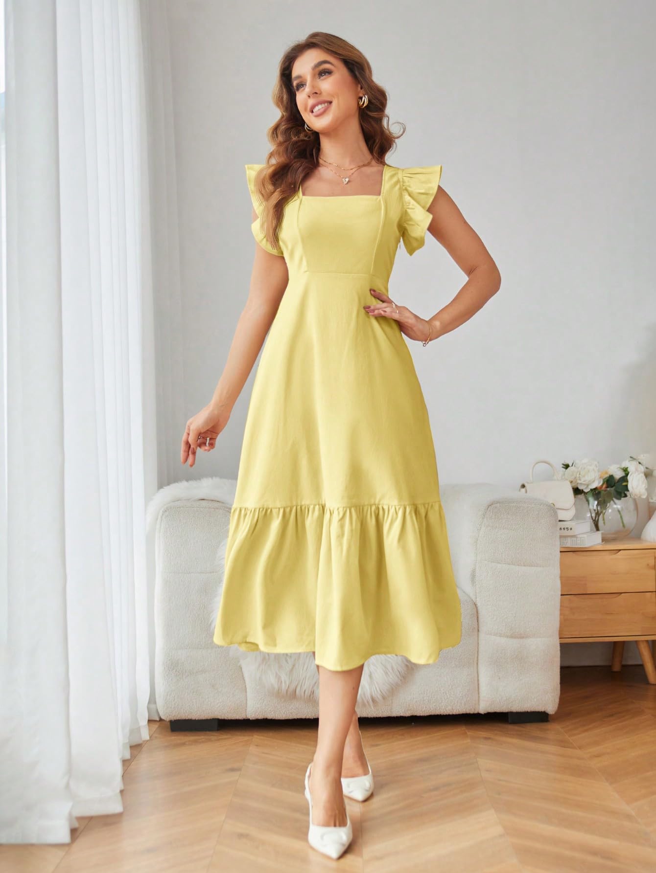 Shasmi Yellow Square Neck Ruffle Dress for Women - Image 3