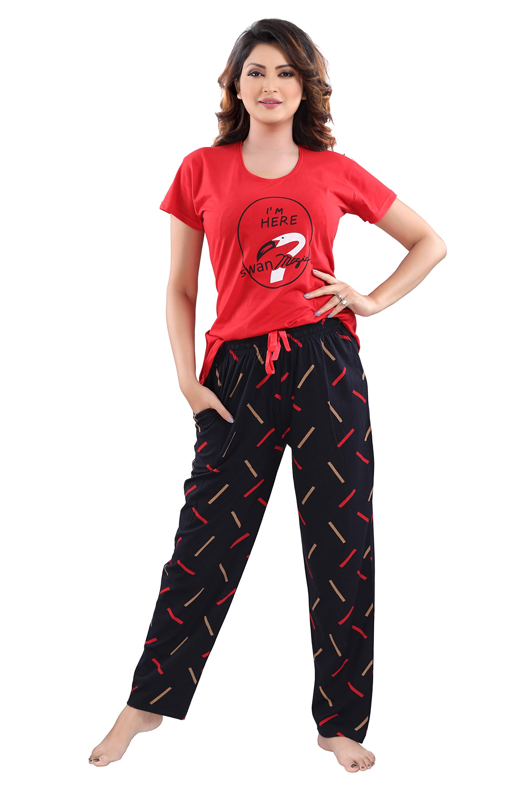 DZZO Women's Cotton Night Suit - Red