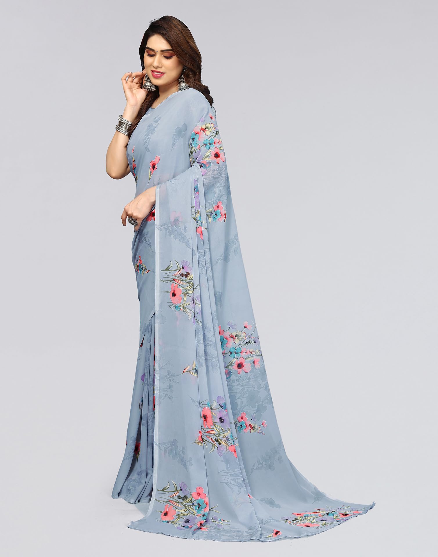 SIRIL Women's Georgette Floral Printed Saree - Grey - Image 3