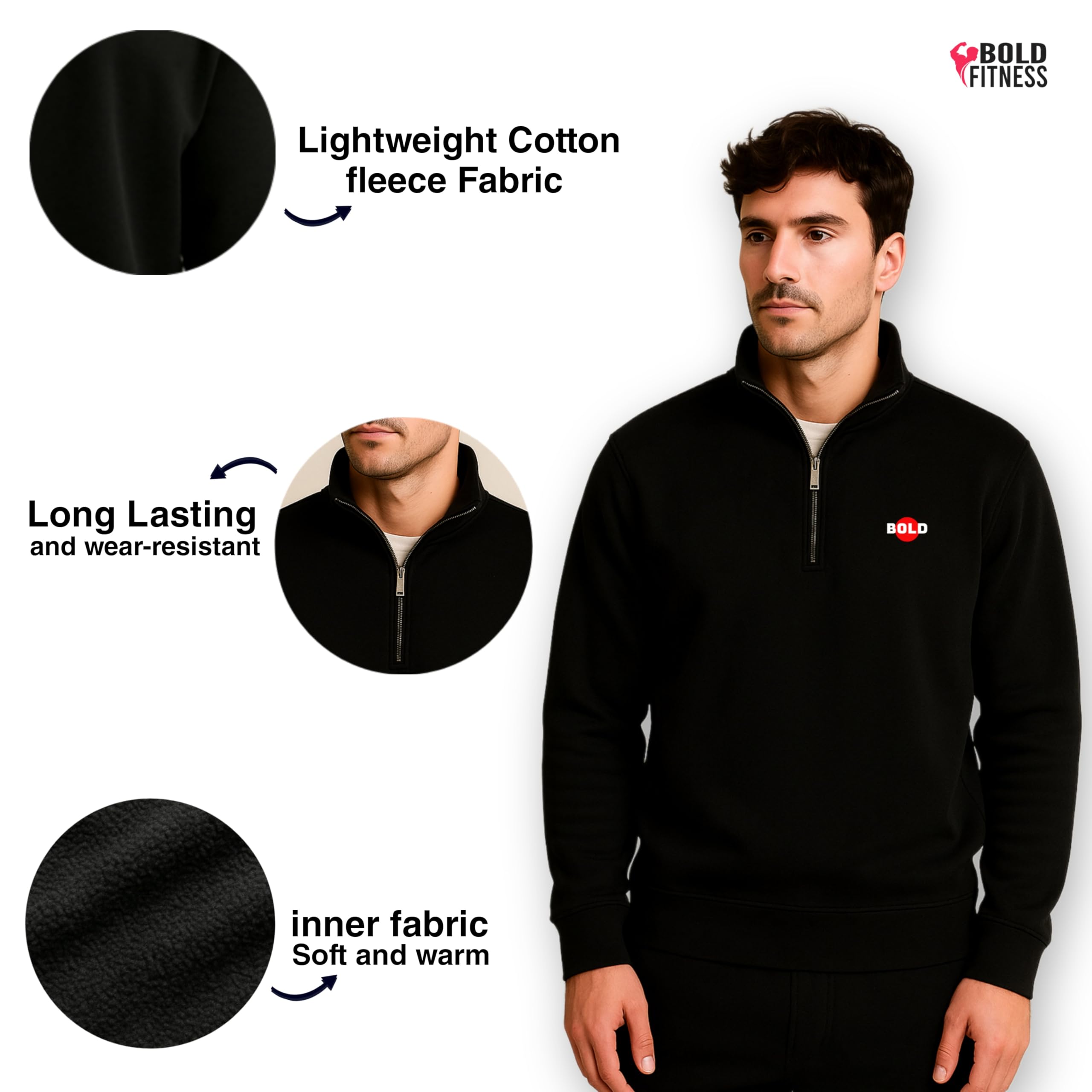 BOLD FITNESS Men's Black Quarter-Zip Fleece Sweatshirt - Image 3