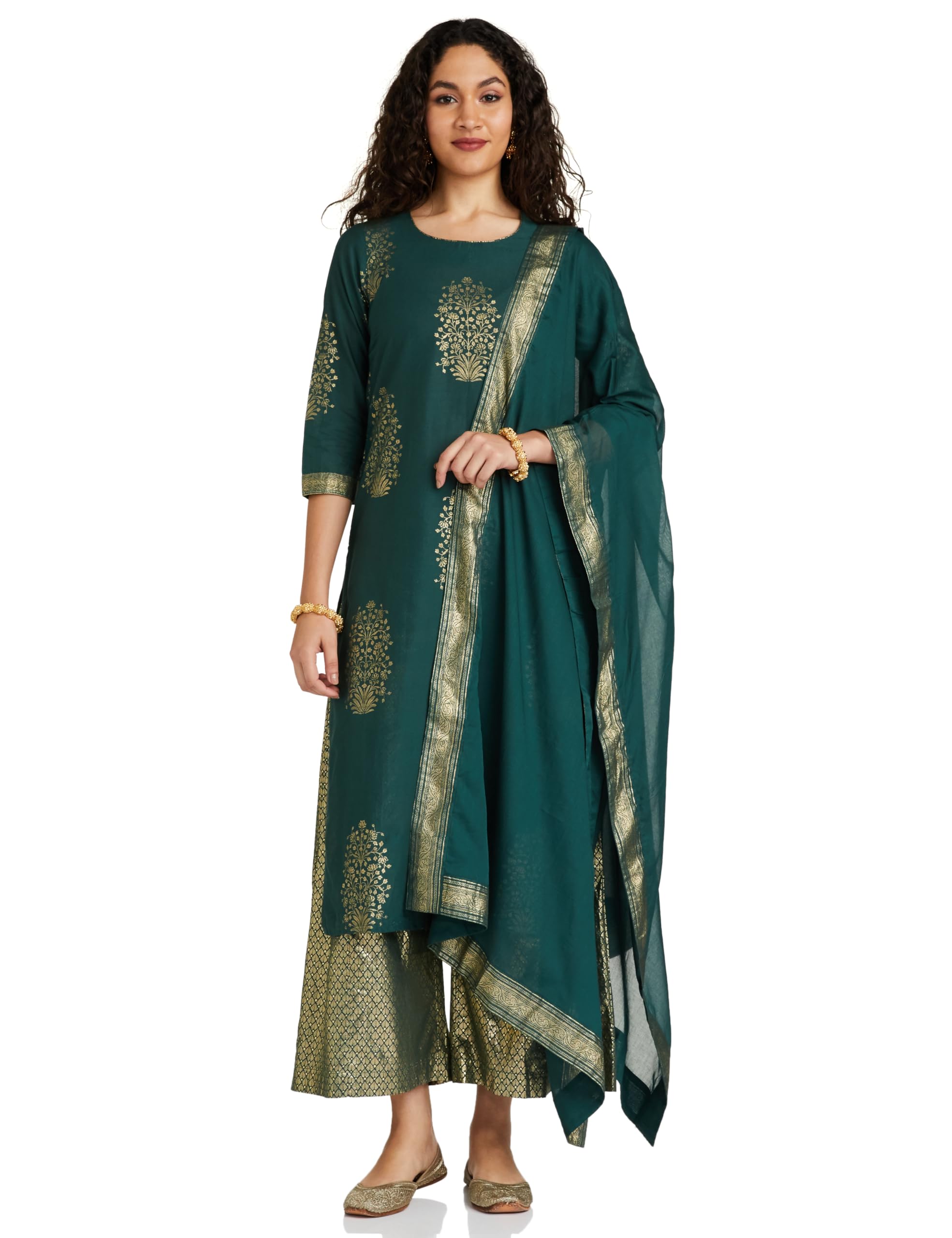 BIBA Women's Cotton Printed Salwar Kurta Dupatta - Green