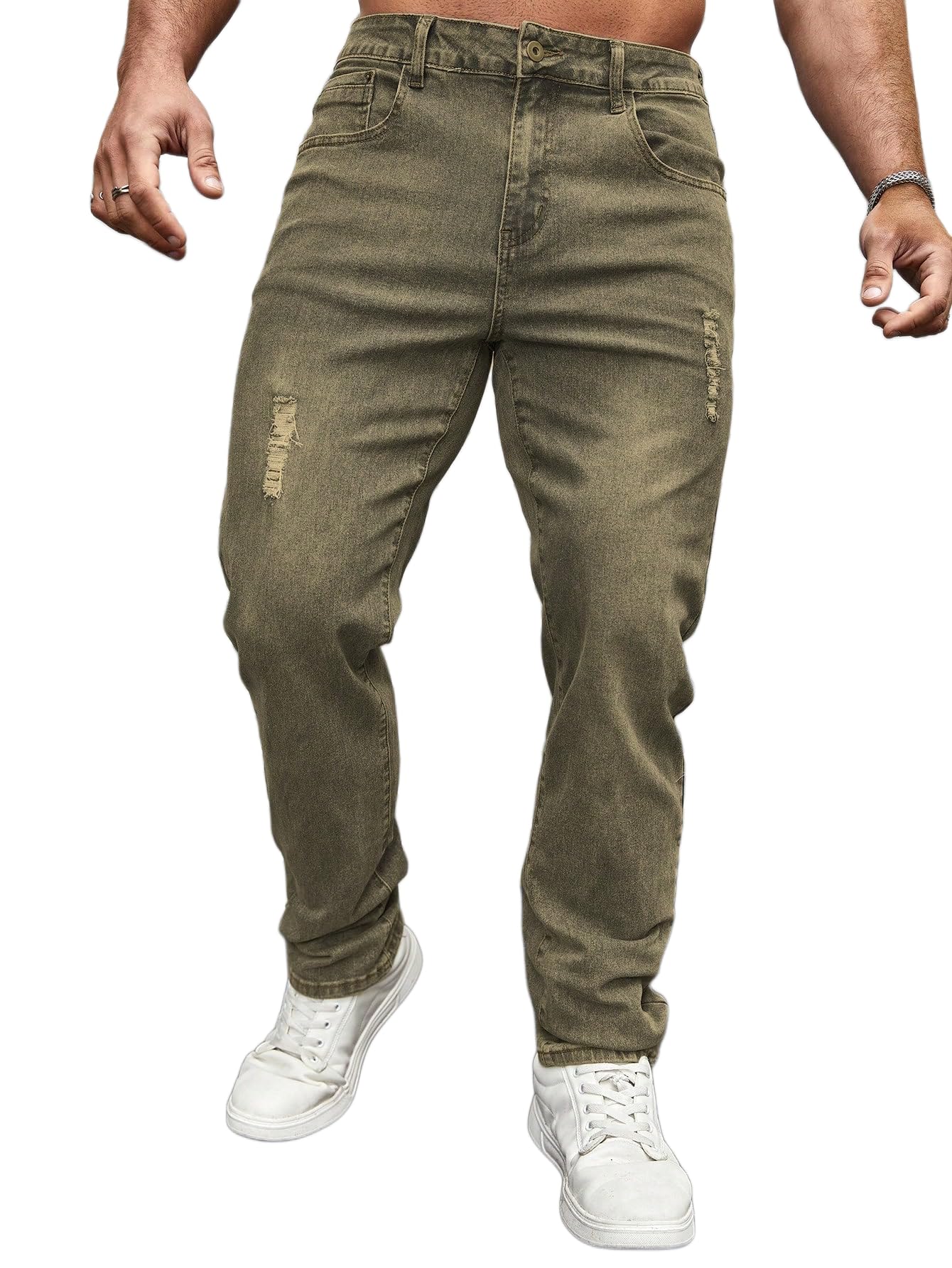 URBAN POCKETS Men's Distressed Denim Pants - Tarry Green