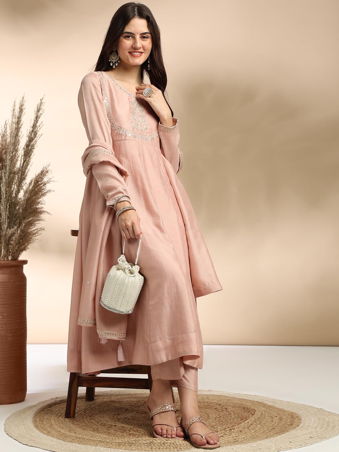 MOKOSH Women's Silk Kurta Pant Dupatta Set - Rose Pink - Image 3
