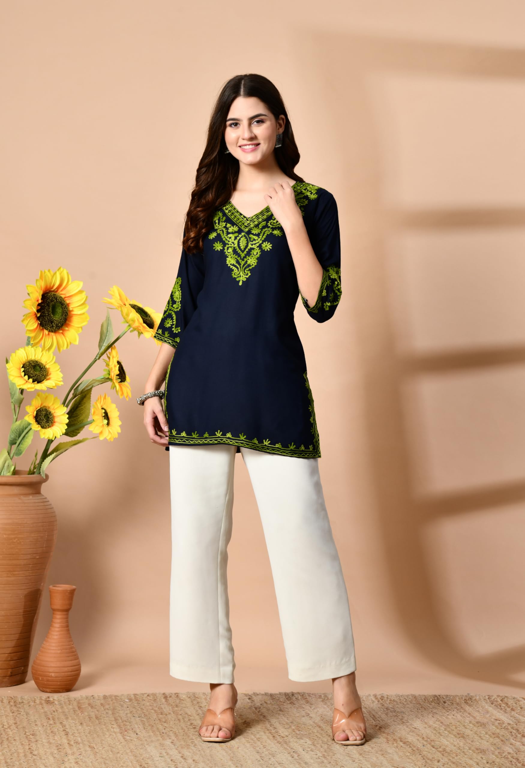 Kashmiri Embroidered Tunic Top for Women - Navy Blue - Image 3
