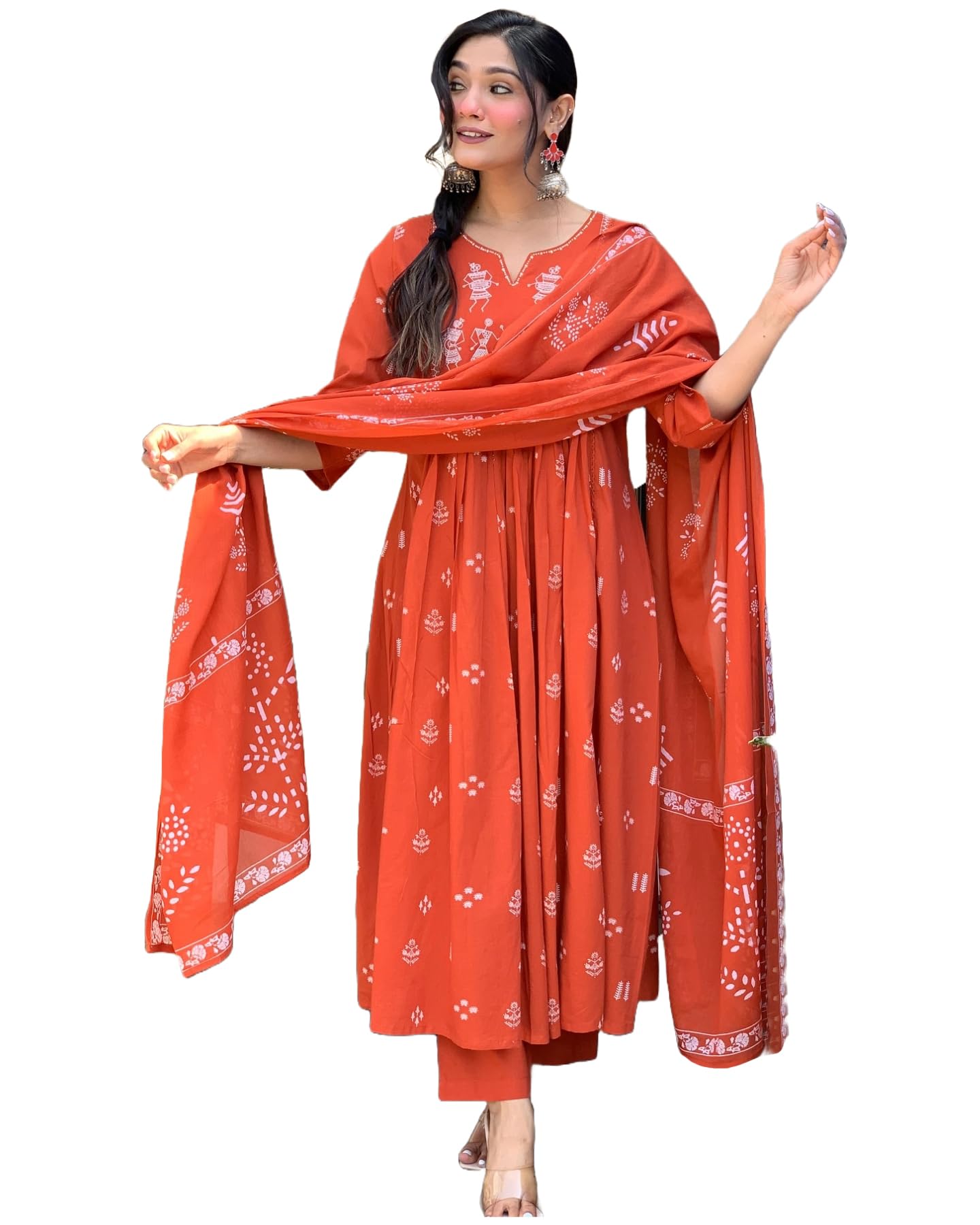 GoSriKi Women's Anarkali Kurta with Pant & Dupatta - Orange