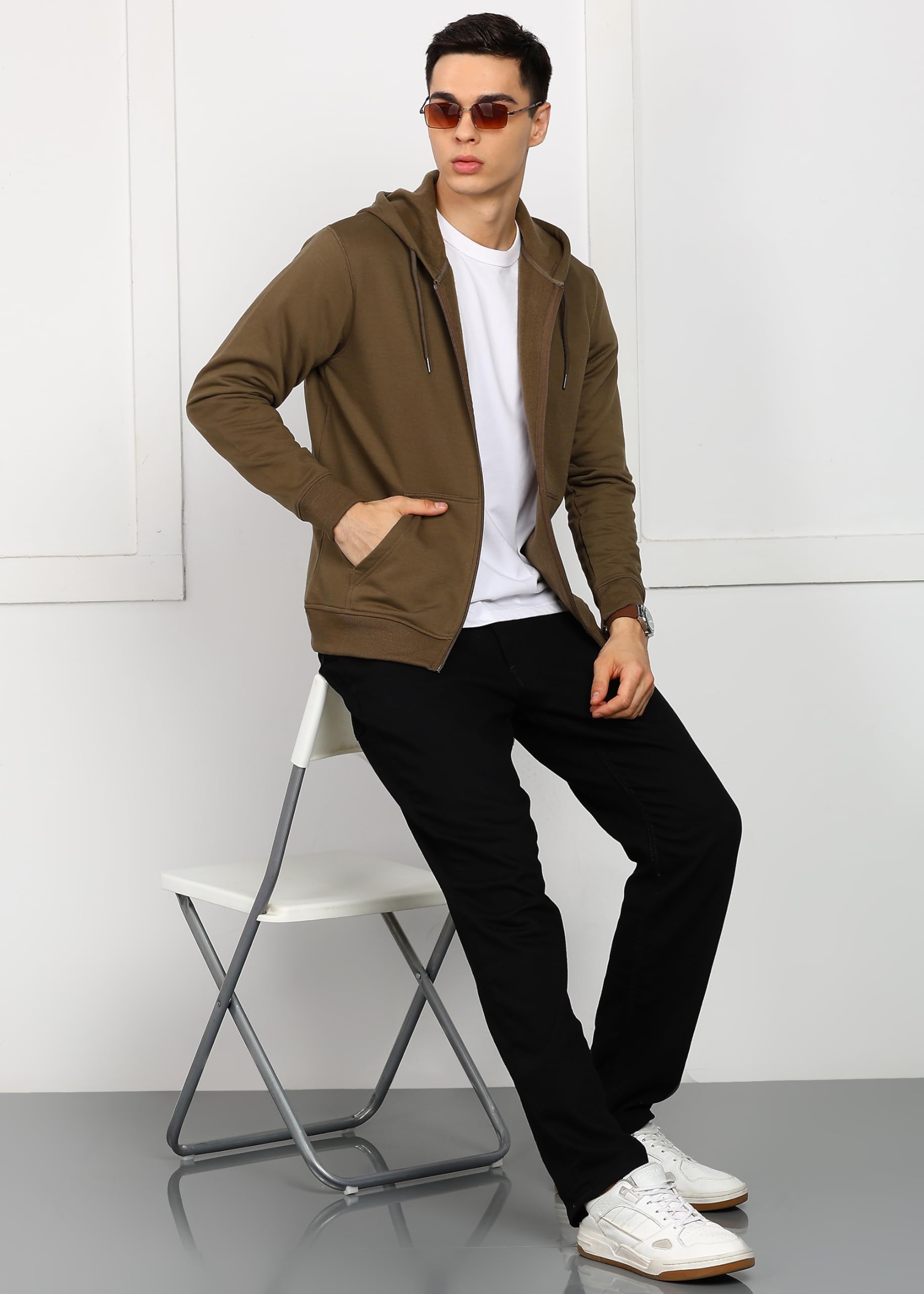 Dark Khaki Zip-Up Hoodie Jacket for Men - Image 3