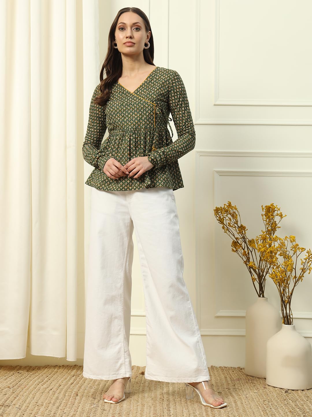 FIORRA Women's Green Cotton Top with Lace Detail - Image 5