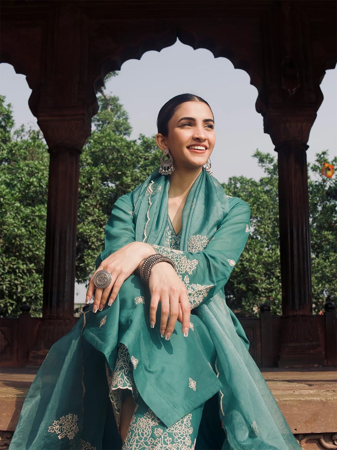 Royal Export Women's Viscose Silk Floral Embroidered Kurta Pant - Pine Green - Image 2