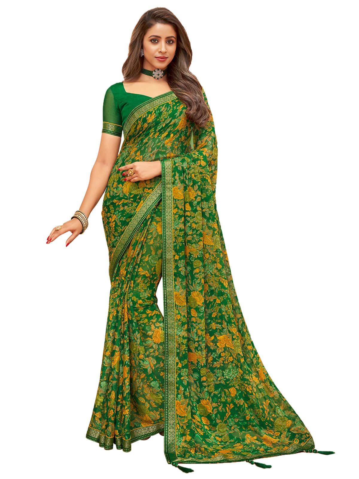 SIRIL Women's Floral Chiffon Saree - Green
