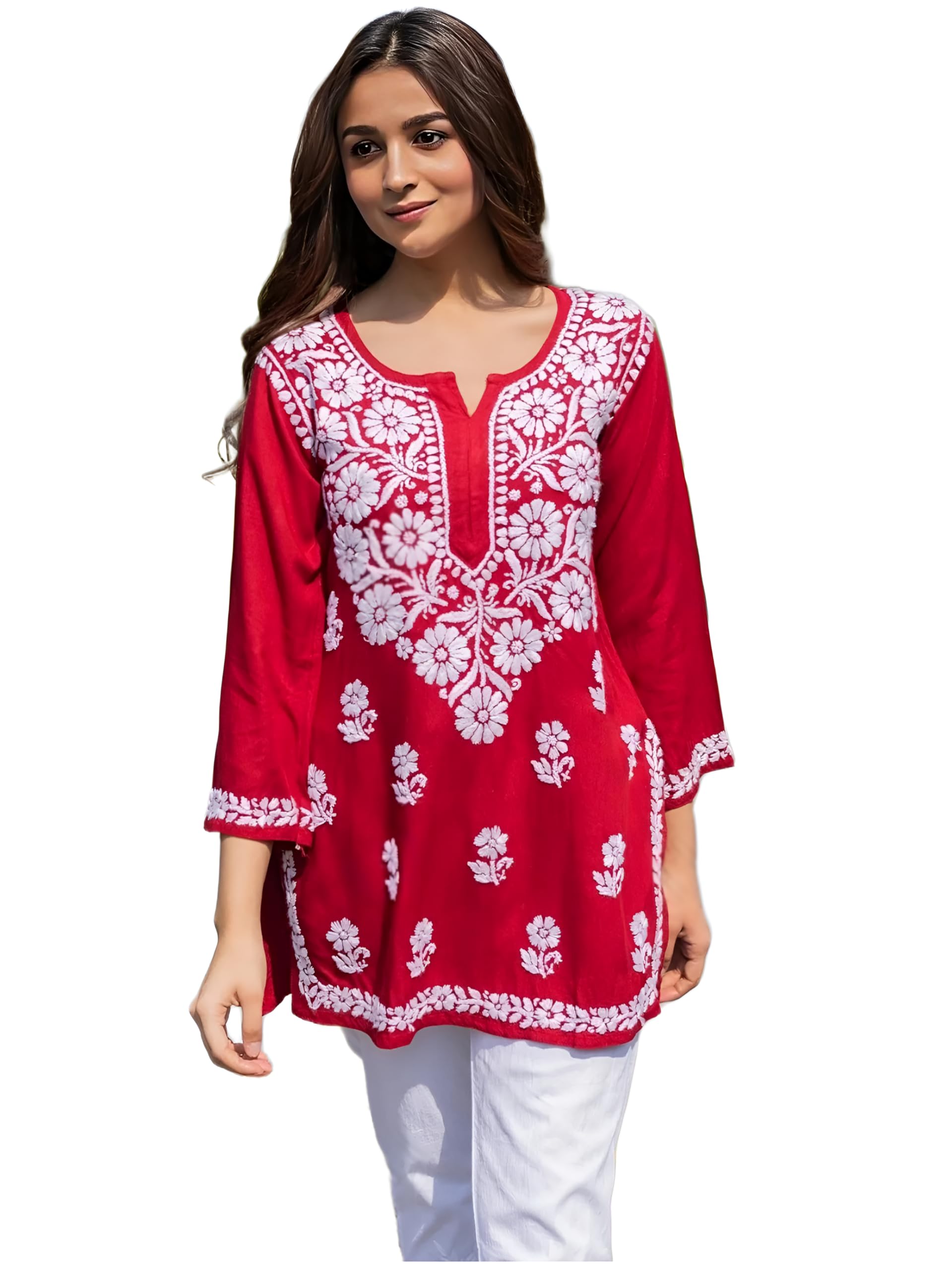 Sidhidata Red Rayon Embroidery Kurti for Women
