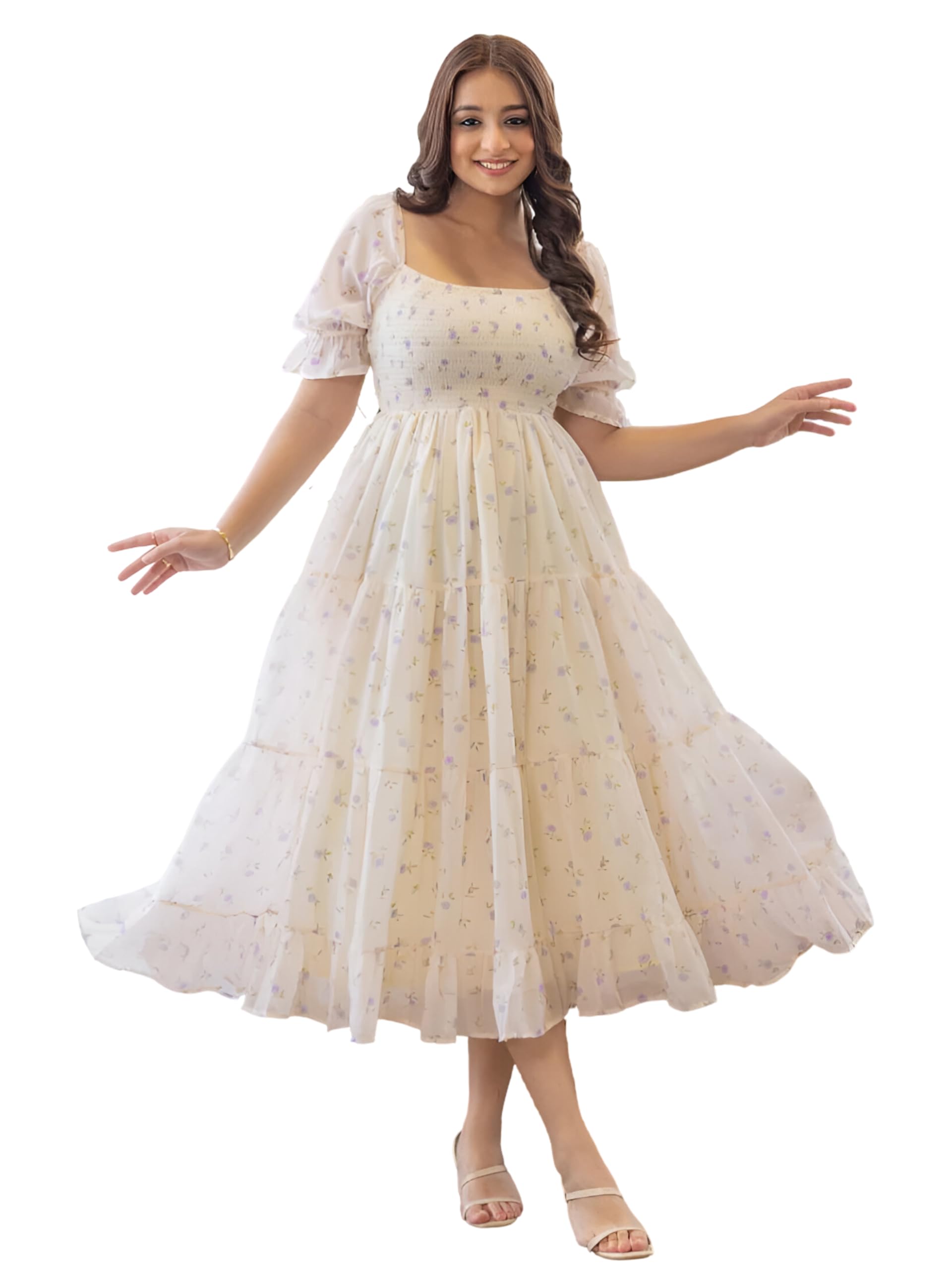 KZULLY Smocked Midi Dress - Puff Sleeves Square Neck