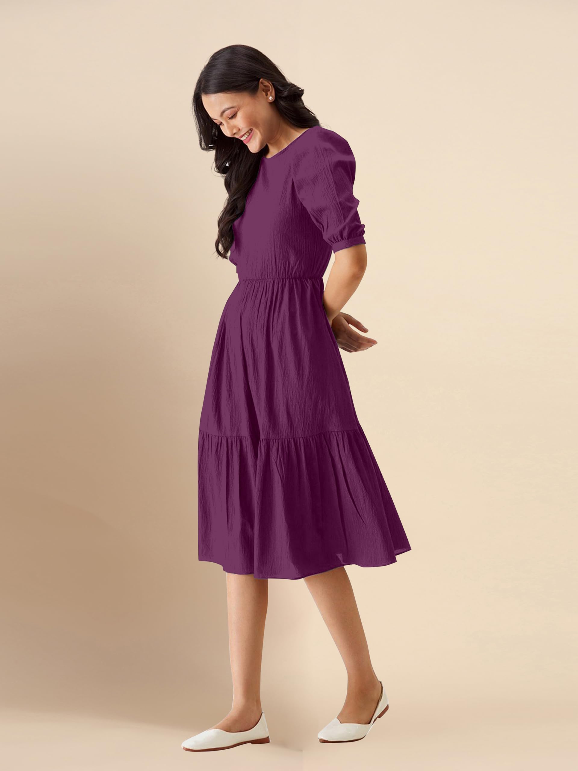 TRENDMALLS Women's Satin Cotton Flared Western Midi Dress - Wine - Image 4