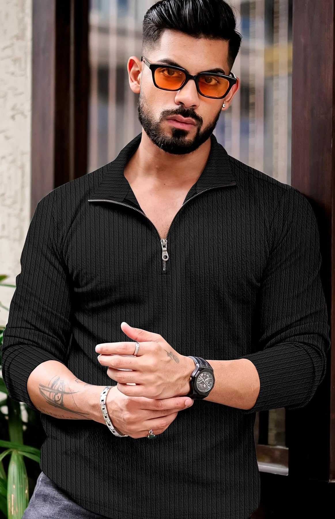 KAJARU Men's Quarter Zip Pullover - Cable Knit - Black - Image 2