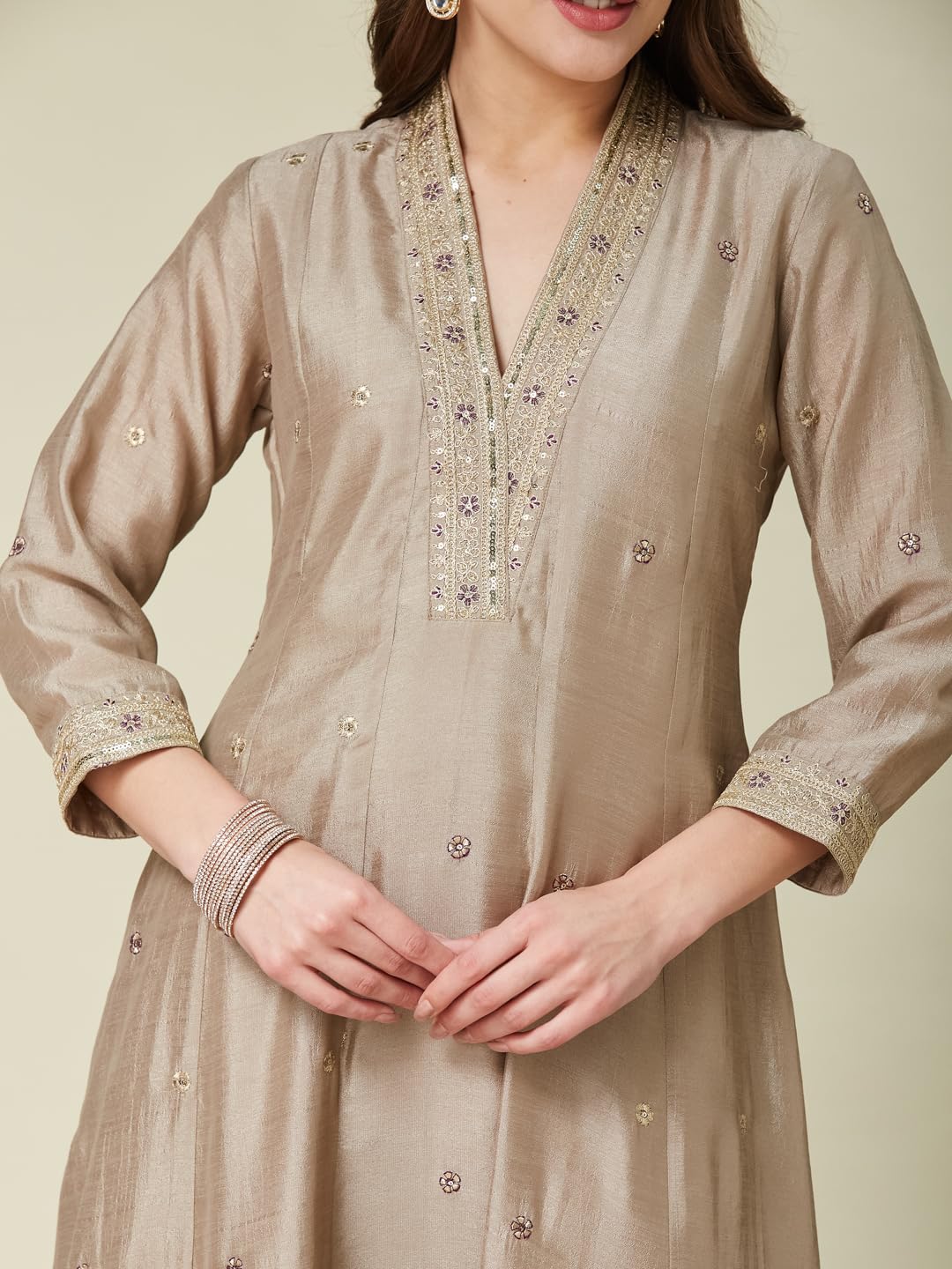 MOKOSH Women's Silk Embroidered Kurta Pant Dupatta Set - Grey - Image 4