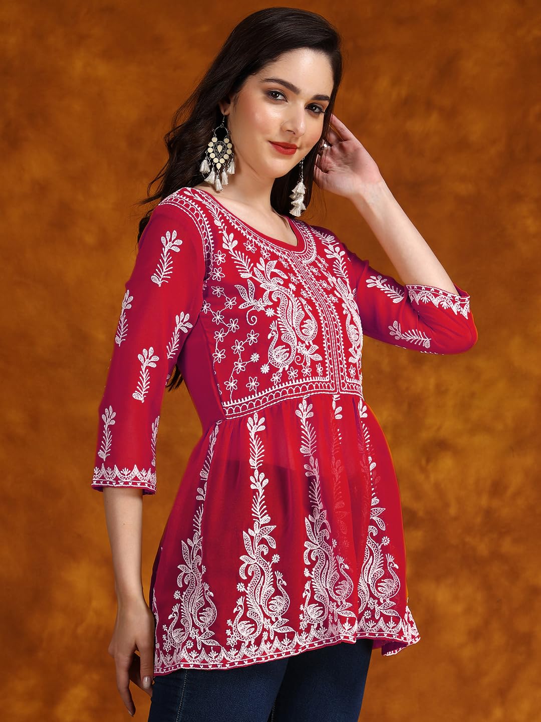 Cherry Georgette Kurti for Women - Chikan Embroidery - Image 3