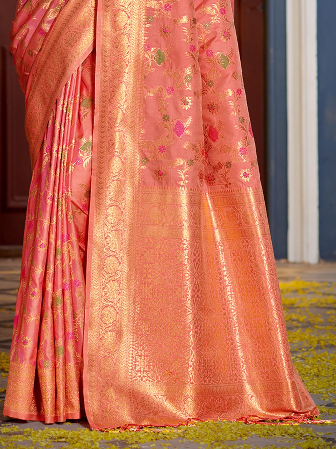 Astita Banarasi Silk Saree - Peach Golden Zari - Image 4