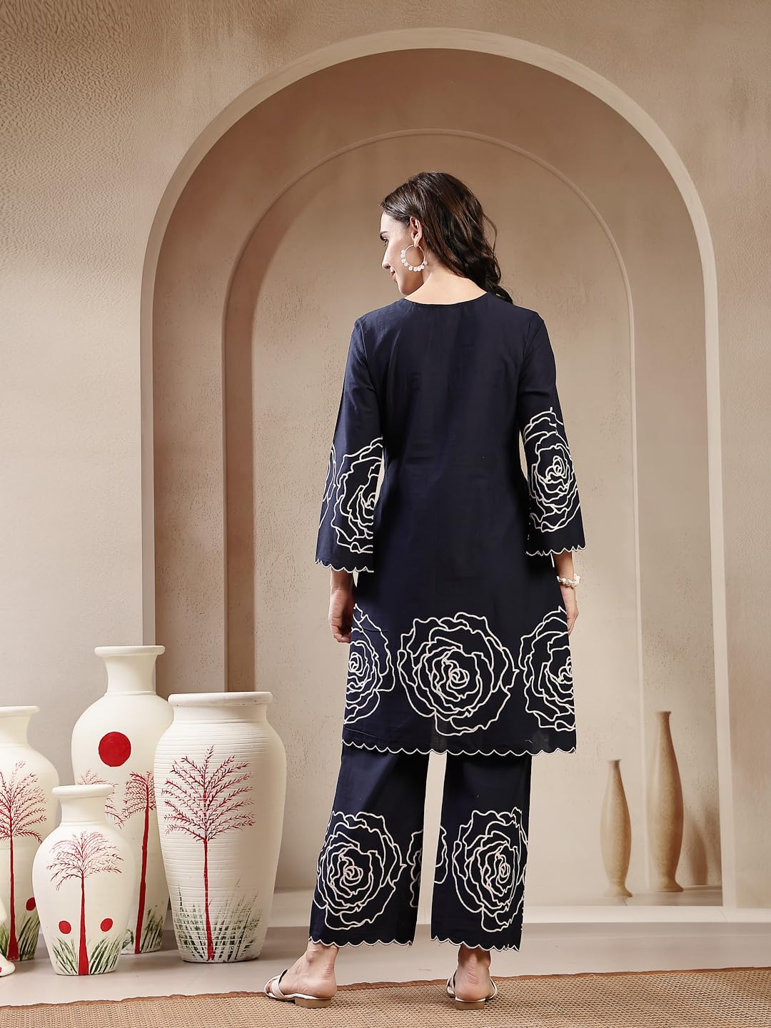 Navy Blue Embroidered Cotton Kurti Pant Set for Women - Image 2