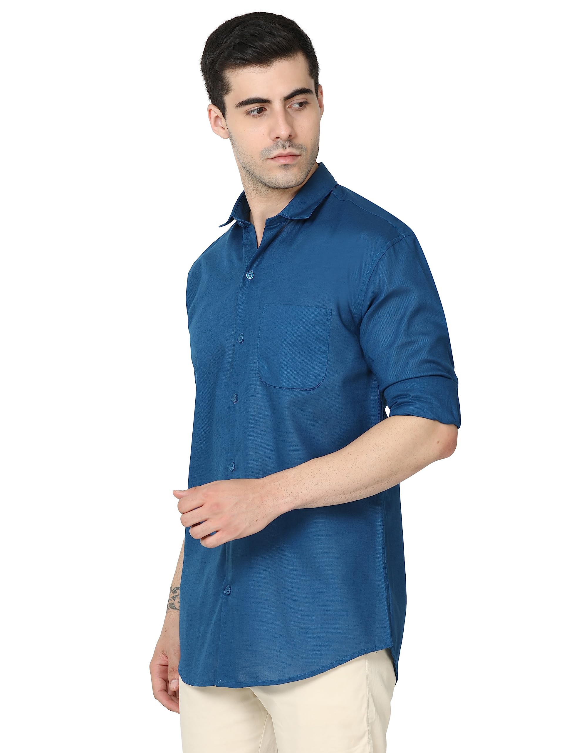 Miraan Men's Linen Cotton Shirt - Teal Blue - Image 3