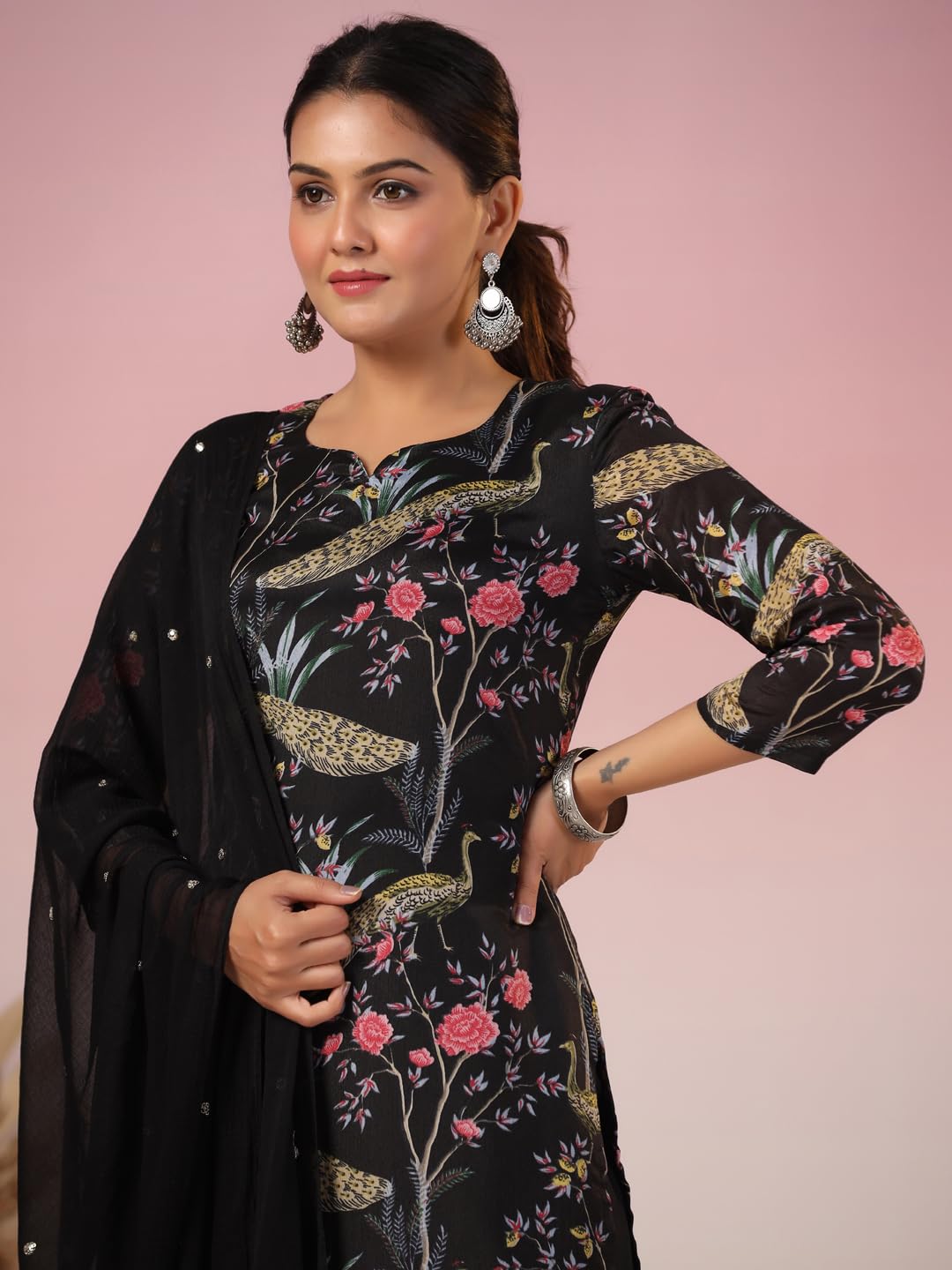 GoSriKi Women's Rayon Blend Printed Kurta with Pant & Dupatta - Black - Image 5