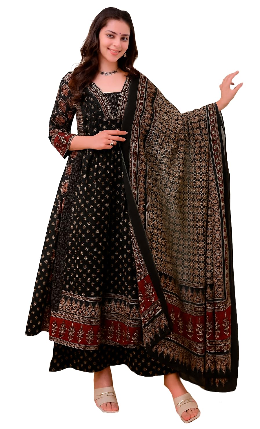 KLOSIA Black Printed Anarkali Kurta Set for Women