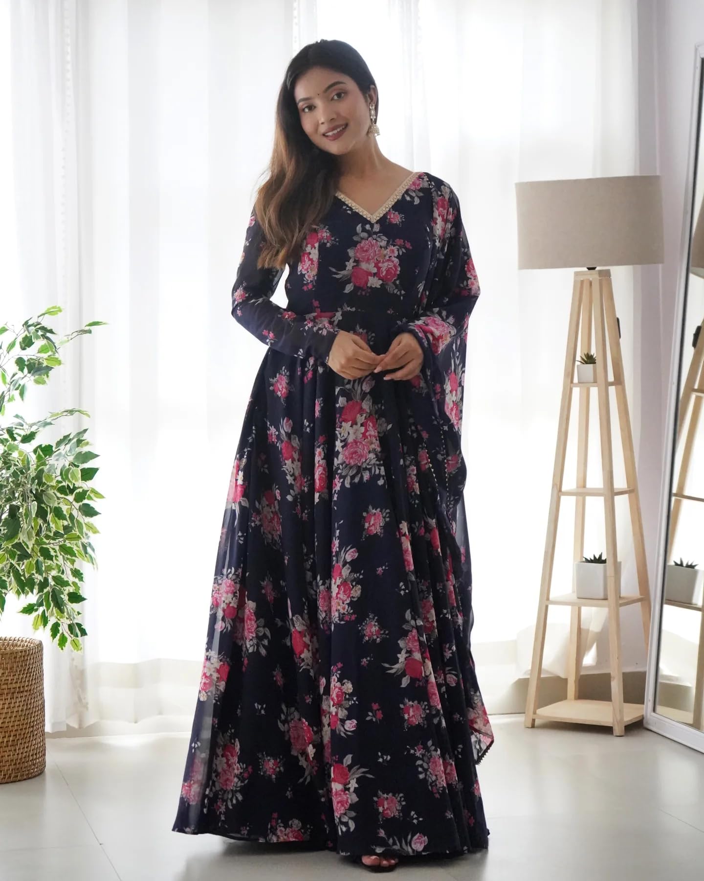 GarbGlide Women Floral Anarkali Kurta - Navy - Image 5