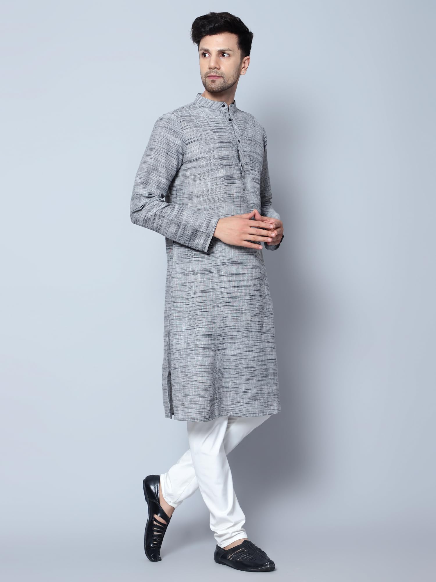 CHIKAN Men Cotton Kurta - Grey - Image 3
