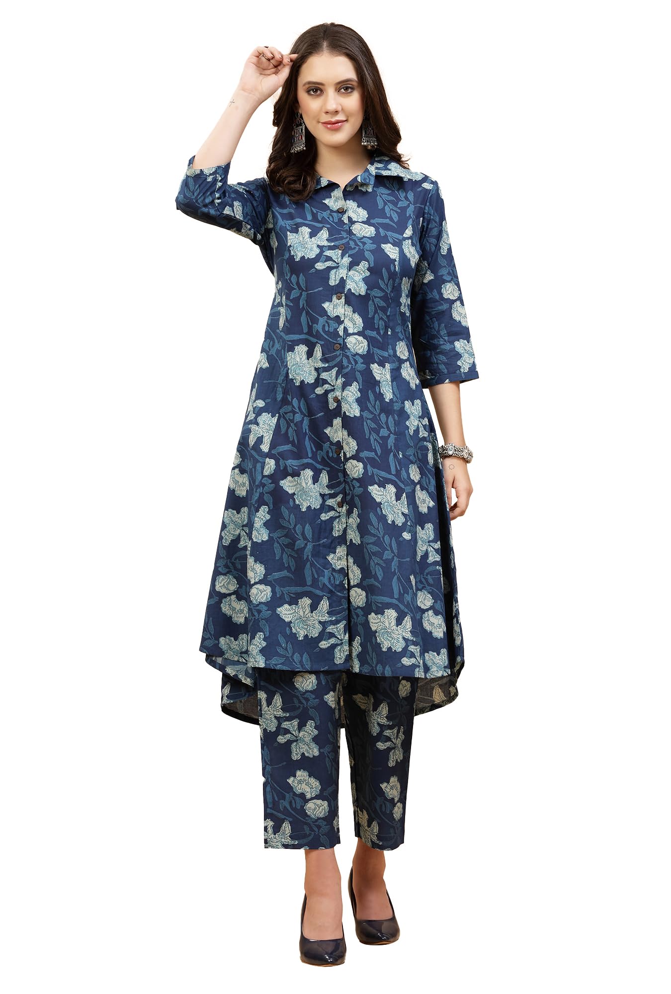 GarbGlide Women Cotton Floral Kurta Pant Suit - Blue