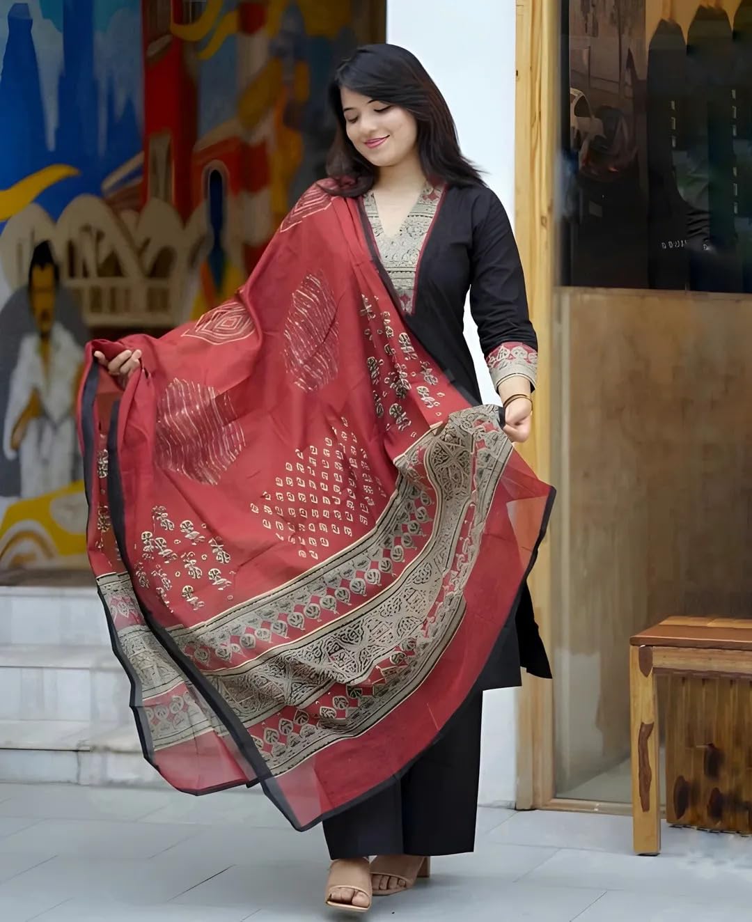 GoSriKi Women's Rayon Viscose Straight Kurta with Pant & Dupatta - Black - Image 4