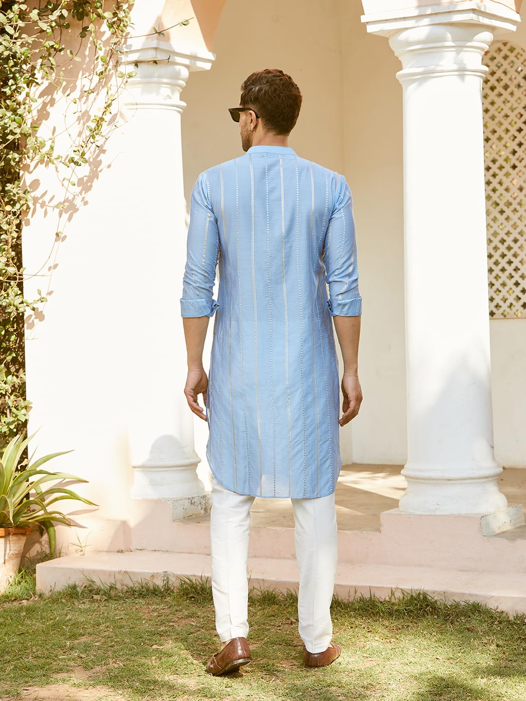 Turquoise Blue Chanderi Silk Kurta for Men - Image 3