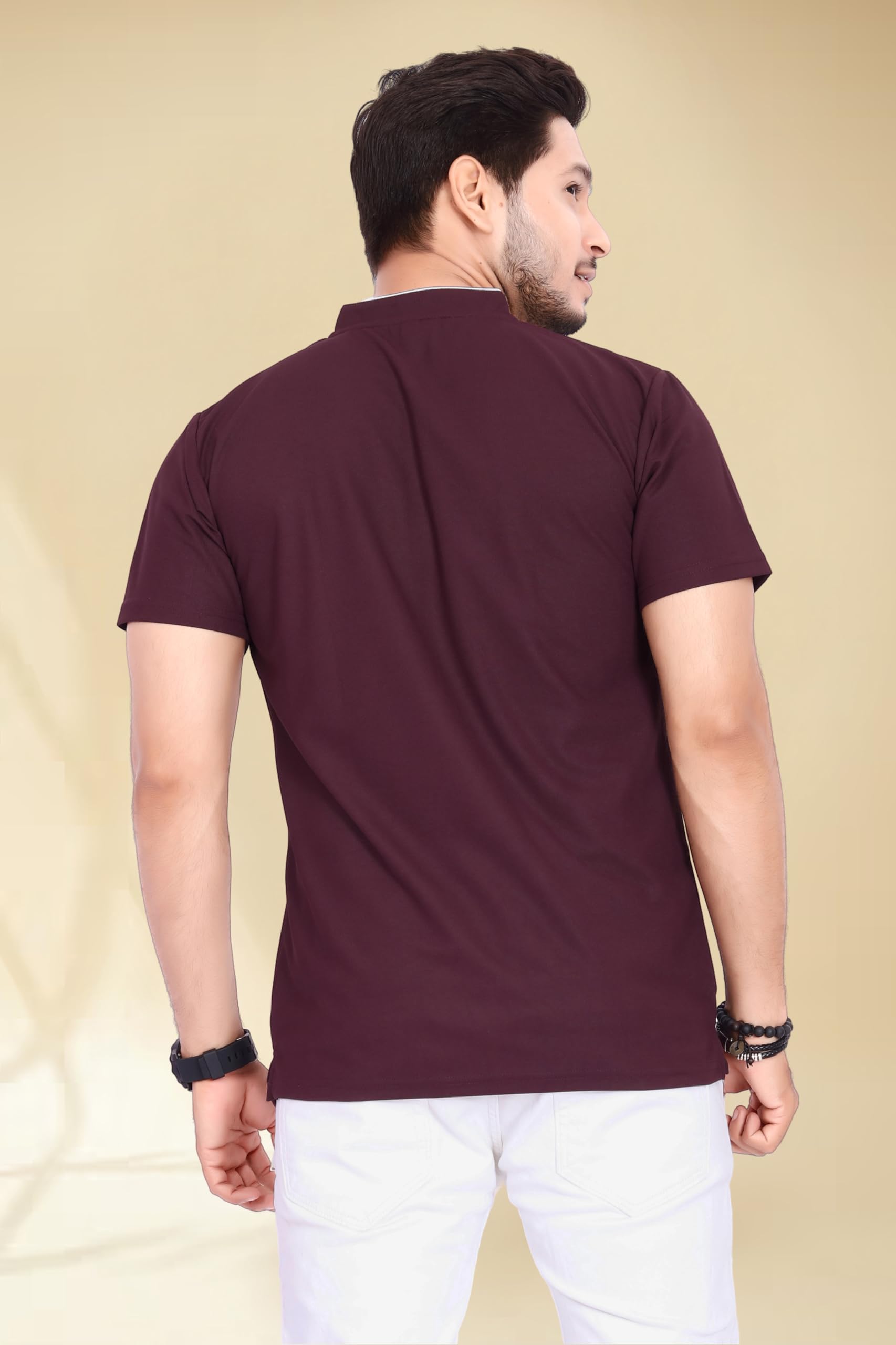 BAGHADBILLO Men's Mandarin Collar Polo T-Shirt - Wine - Image 5