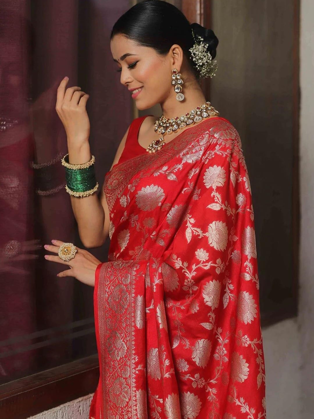 Fratona Women's Kanjivaram Soft Silk Saree - Red - Image 5