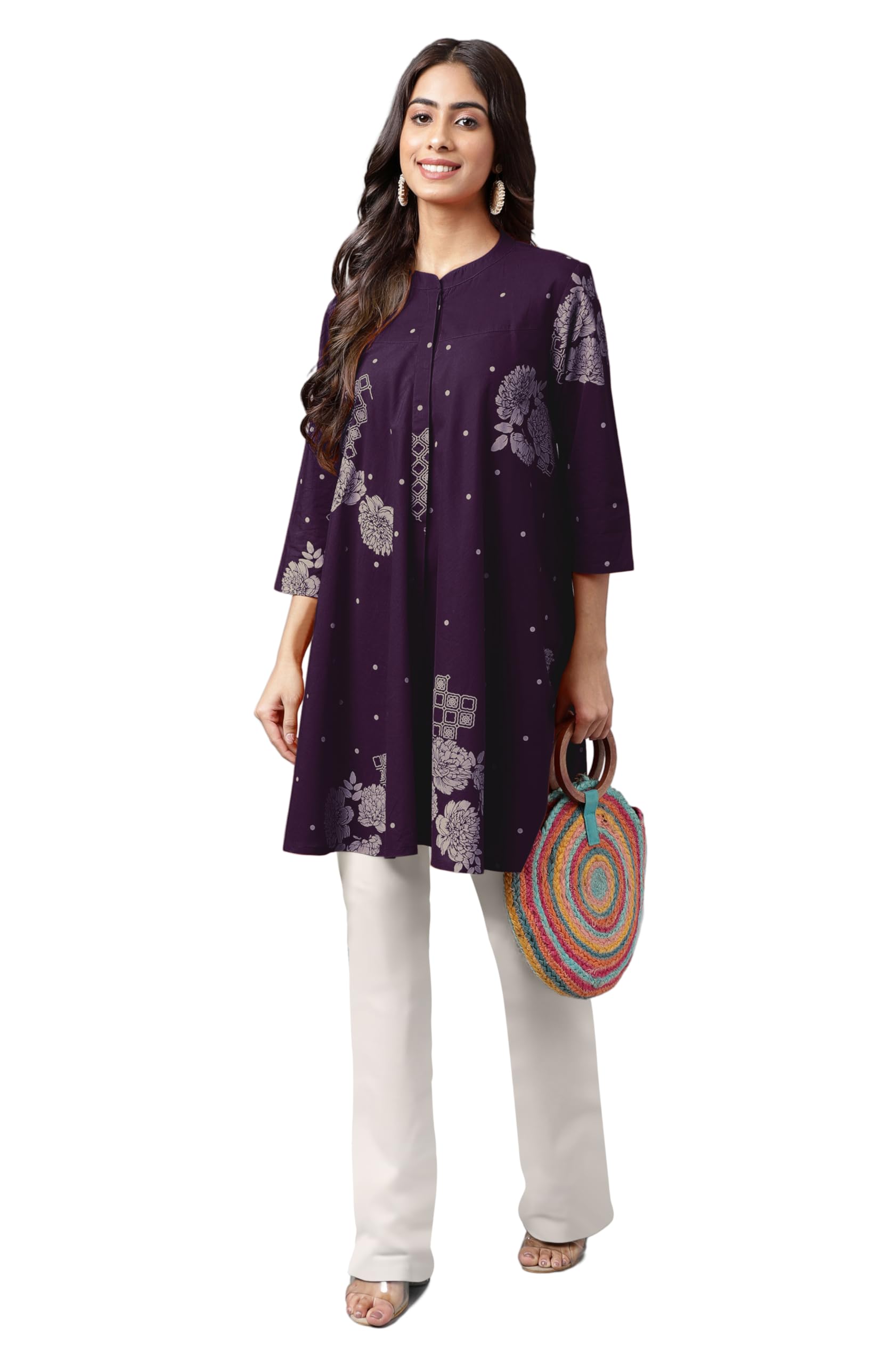 Janasya Women's Purple Cotton Floral Tunic