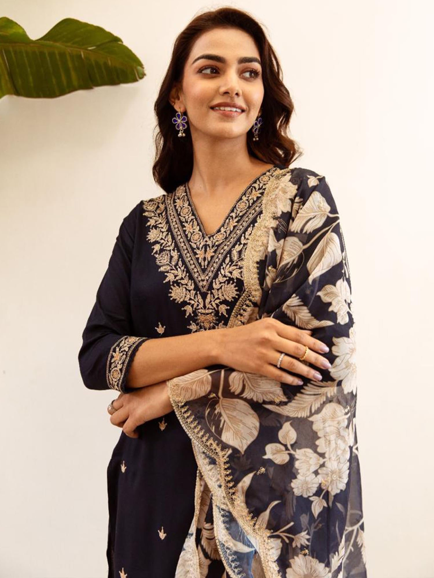 INDO ERA Navy Blue Embroidered Kurta Pant Dupatta Set for Women - Image 3