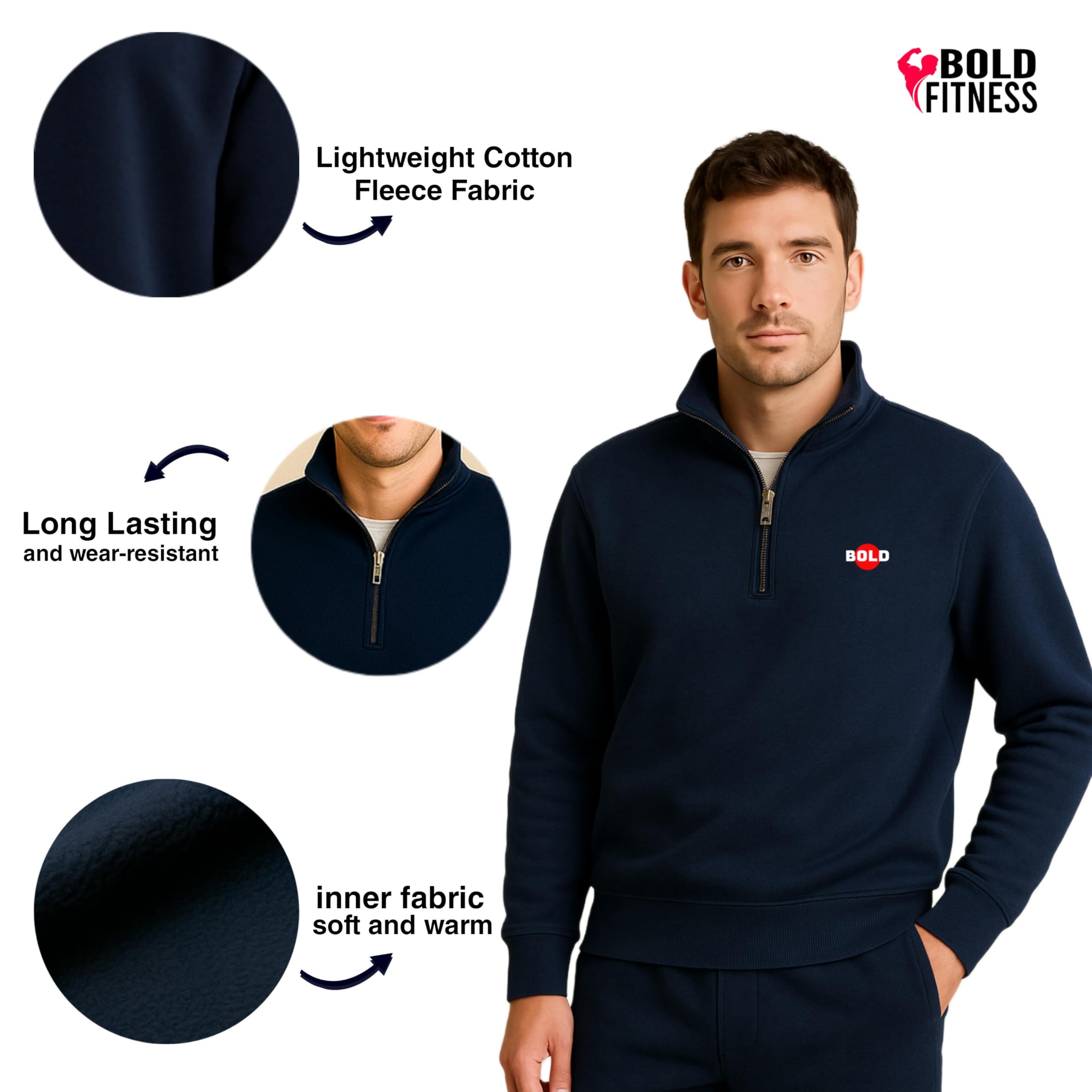 BOLD FITNESS Men's Navy Blue Quarter-Zip Fleece - Image 3