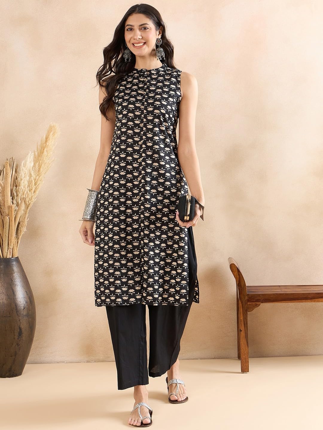 miss fame Women's Sleeveless Cotton Kurta - Brown - Image 2