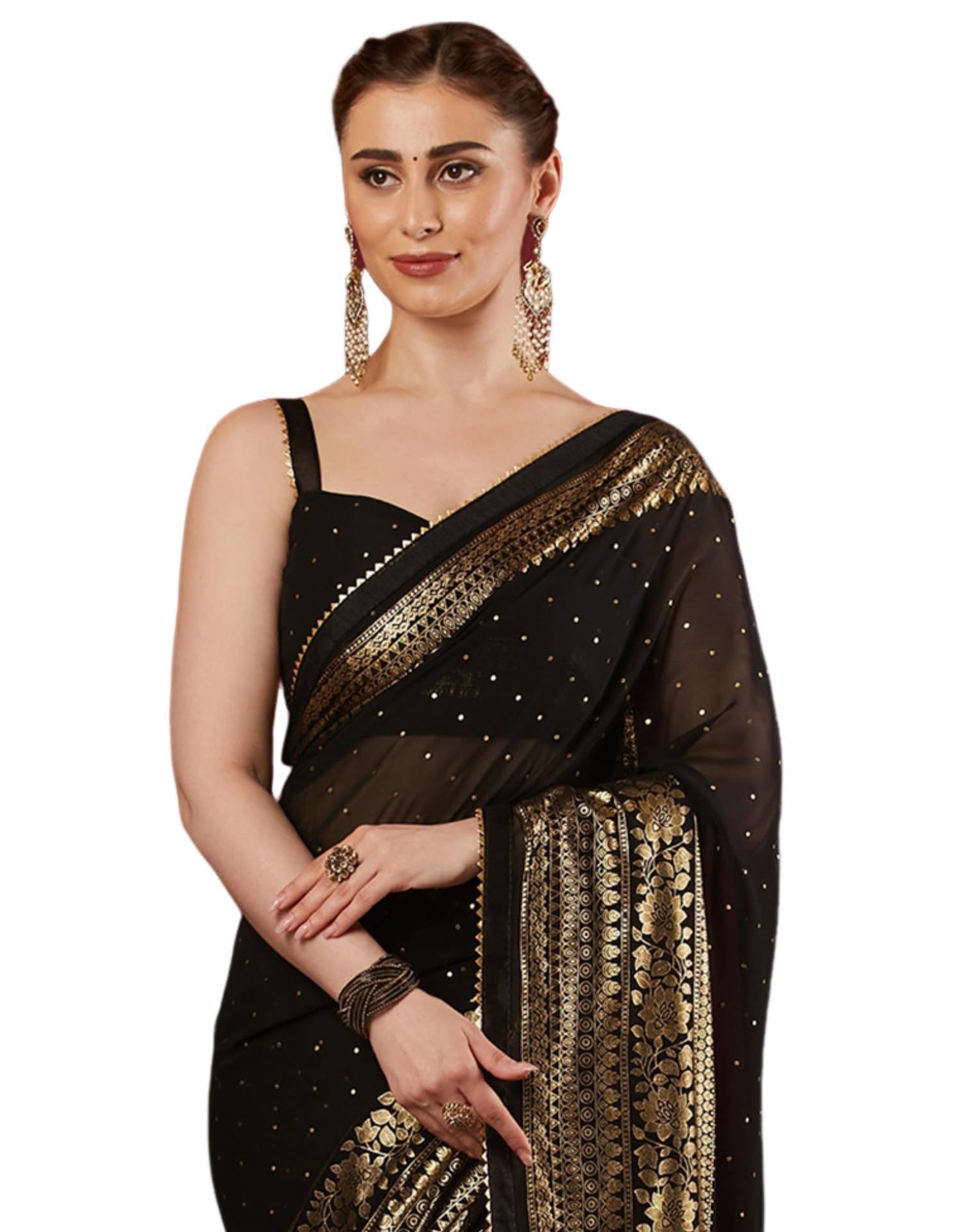 SIRIL Women's Georgette Foil Printed Saree - Black