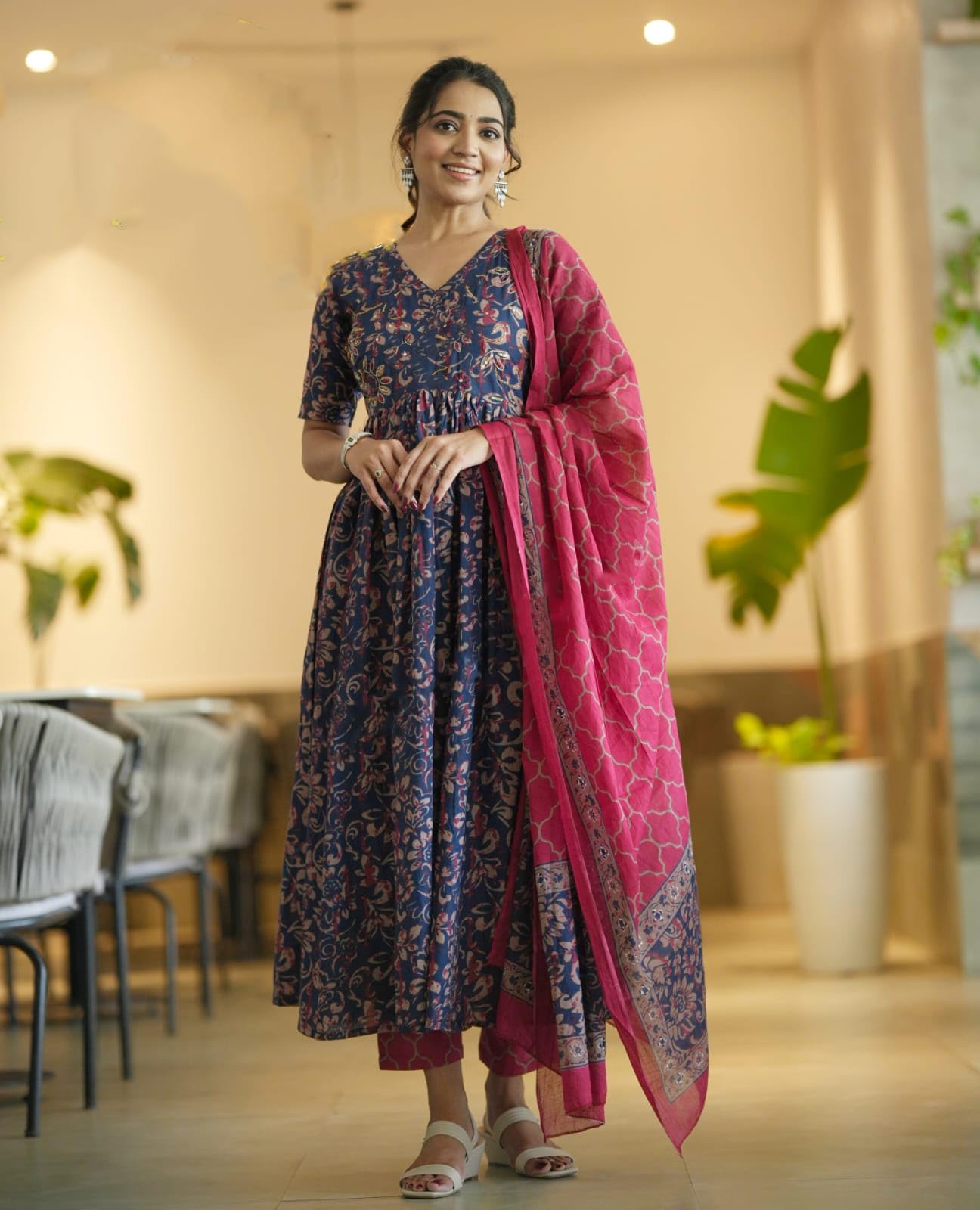 Nermosa Women's Viscose Printed Anarkali Kurta - Blue - Image 5