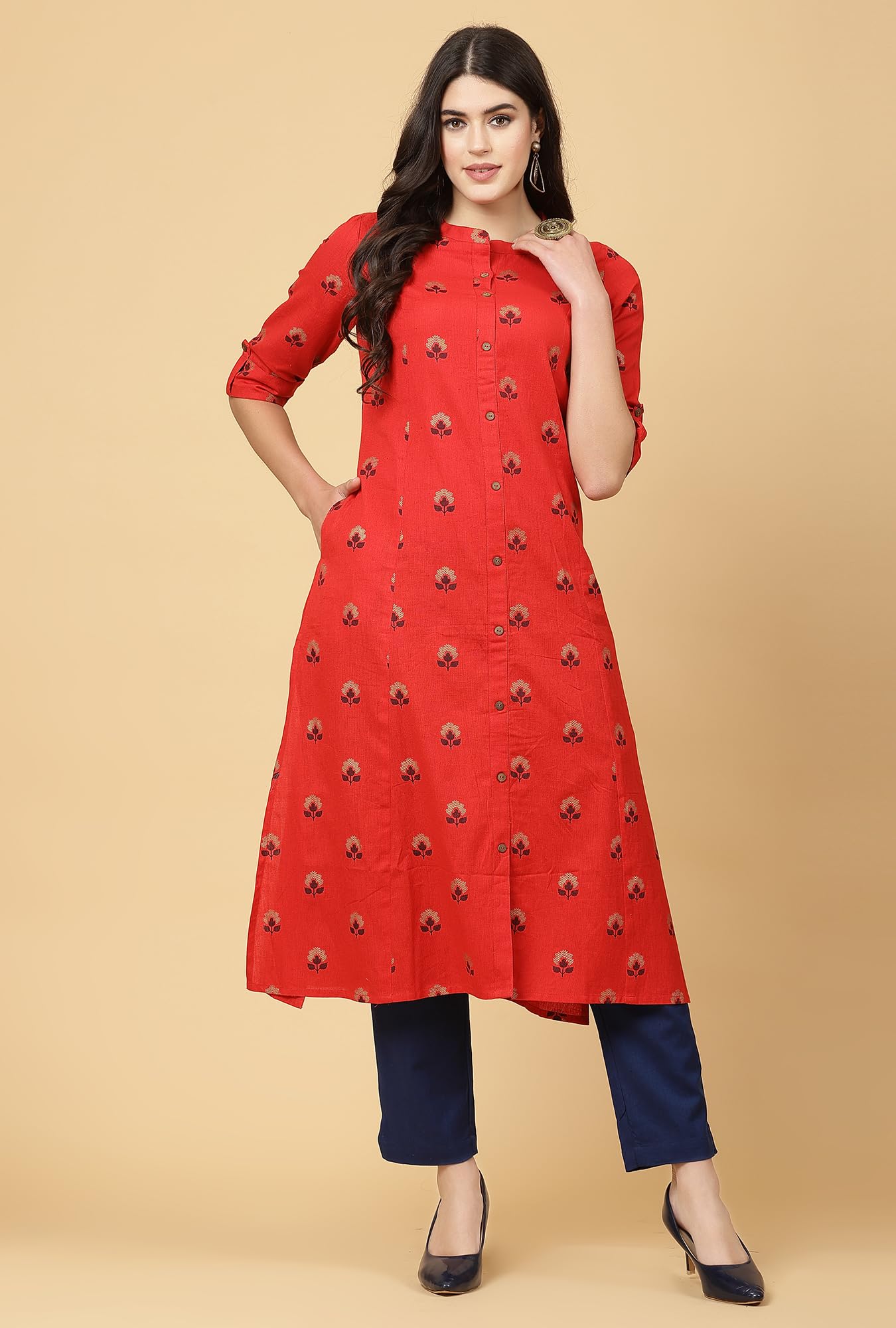 Pistaa Red Cotton A-Line Kurta for Women - Image 5