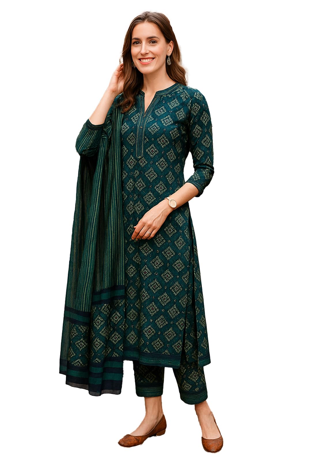 Yashika Green Floral Cotton Blend Kurta Set